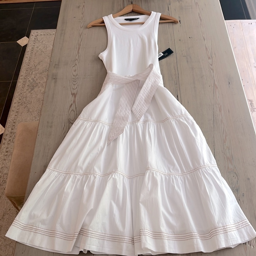 NWT Veronica Beard Austyn White Tiered Belted Midi Dress L - Picture 6 of 12
